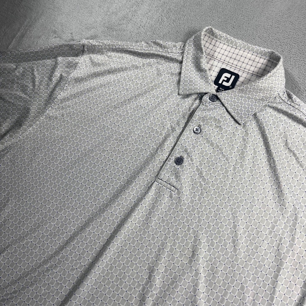 FootJoy FJ ProDry Golf Polo Shirt Mens XL Grey White Grid Blue Dot Short Sleeve
